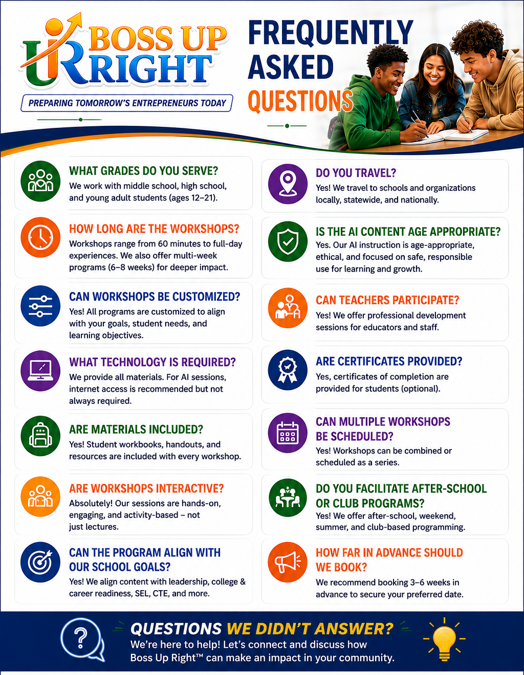 Boss Up Right frequently asked questions covering grades served, workshop length, customization, technology, materials, travel, AI content, certificates and booking